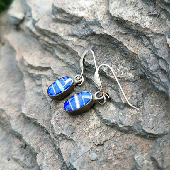 Vtg Genuine Lapis Opal Mosaic Silver Drop Earrings - Picture 8 of 16